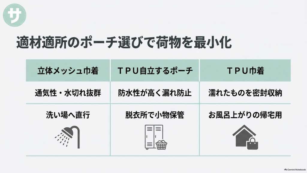 適材適所のポーチ選びで荷物を最小化。通気性の良い立体メッシュ巾着、防水性の高いTPUポーチとTPU巾着の使い分け。
