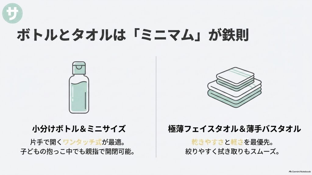 ボトルとタオルはミニマムが鉄則。片手で開く小分けボトルと、乾きやすい極薄フェイスタオル・薄手バスタオル。