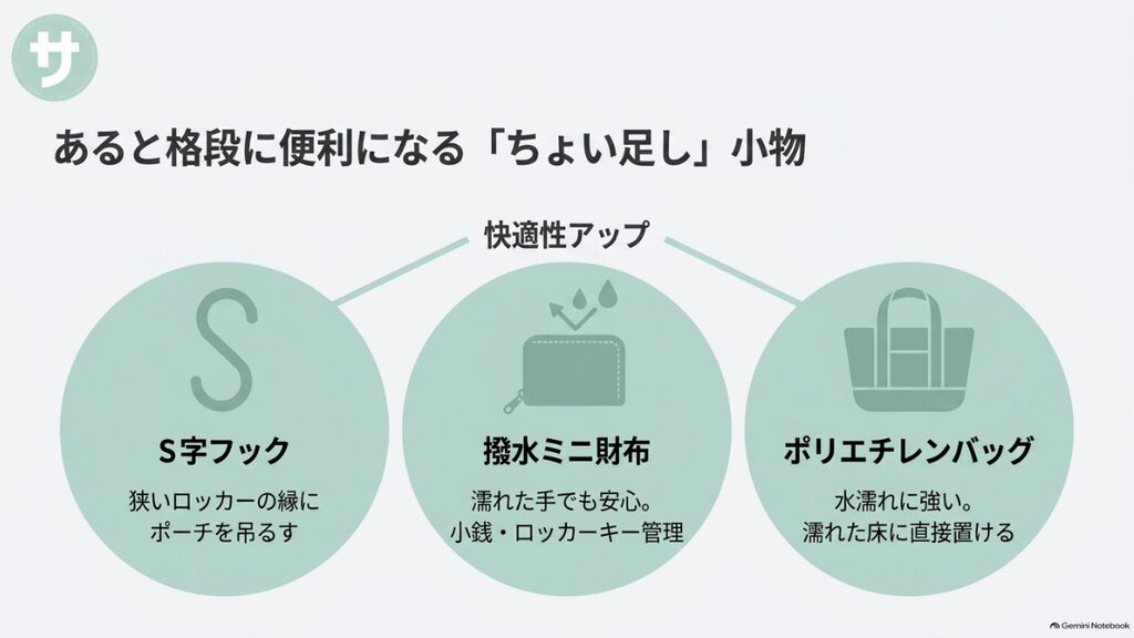 あると格段に便利になるちょい足し小物。S字フック、撥水ミニ財布、ポリエチレンバッグ。