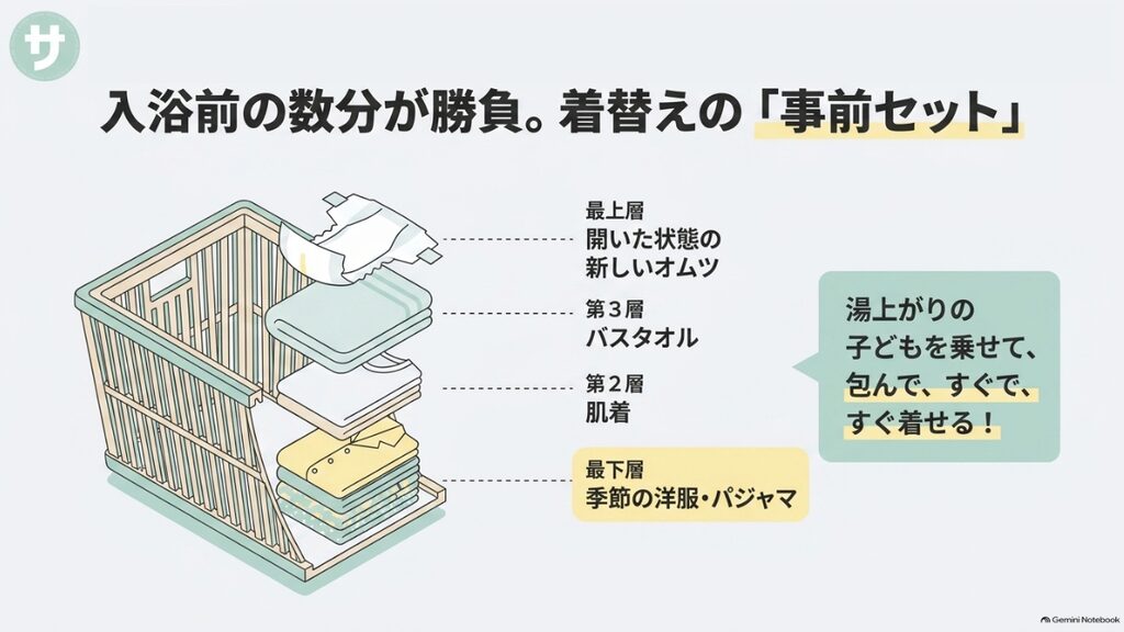 入浴前の数分が勝負。着替えの事前セット。脱衣カゴの下から、季節の洋服、肌着、バスタオル、開いた状態の新しいオムツの順に重ねる。