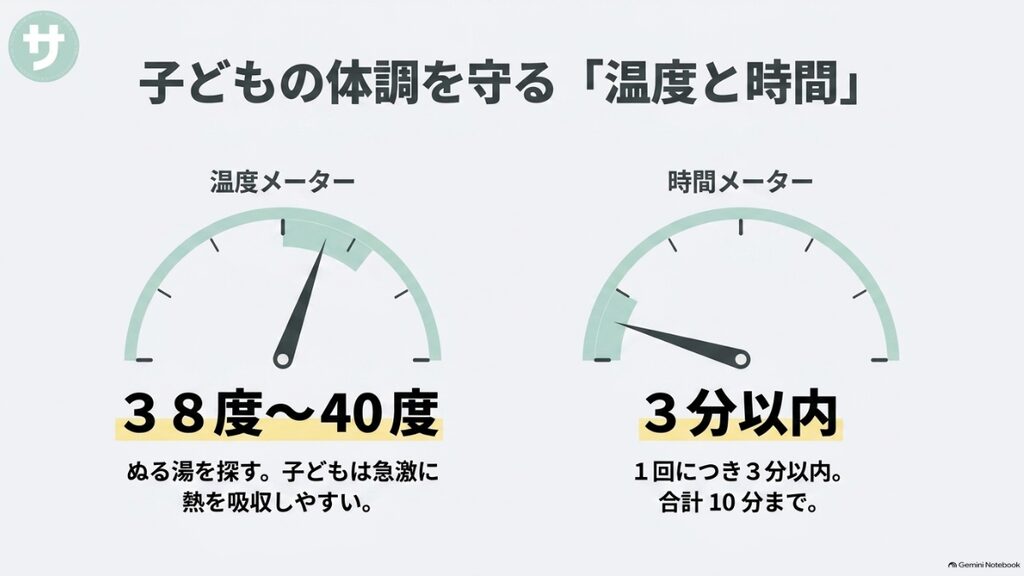 子どもの体調を守る温度と時間。38度から40度のぬる湯を探し、湯船に浸かるのは1回につき3分以内、合計10分まで。